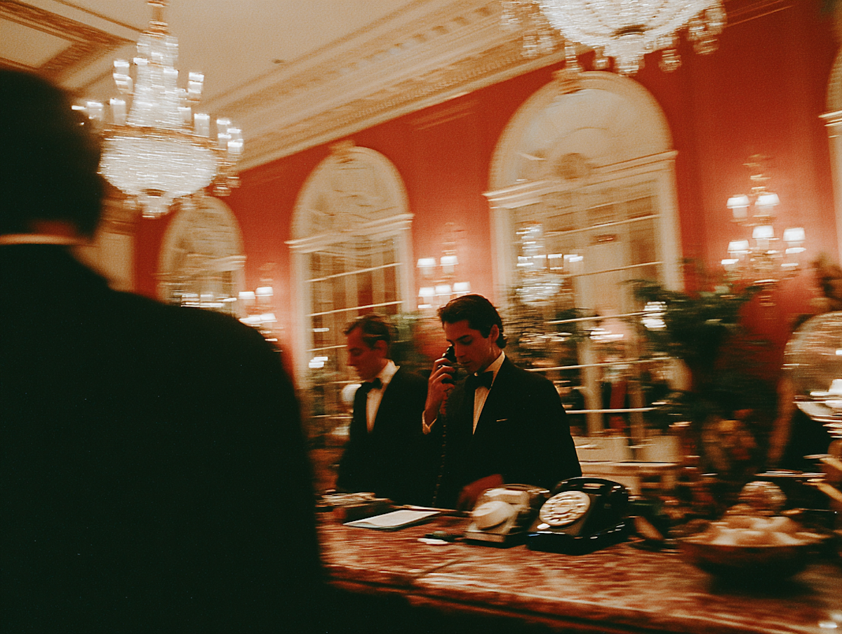 An elegant hotel lobby with crystal chandeliers and a concierge desk